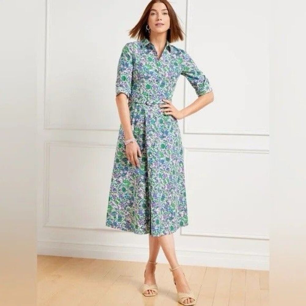 Talbots Womens 4P Fit & Flare Poplin Shirt Dress, Spring Fleur Pockets Floral